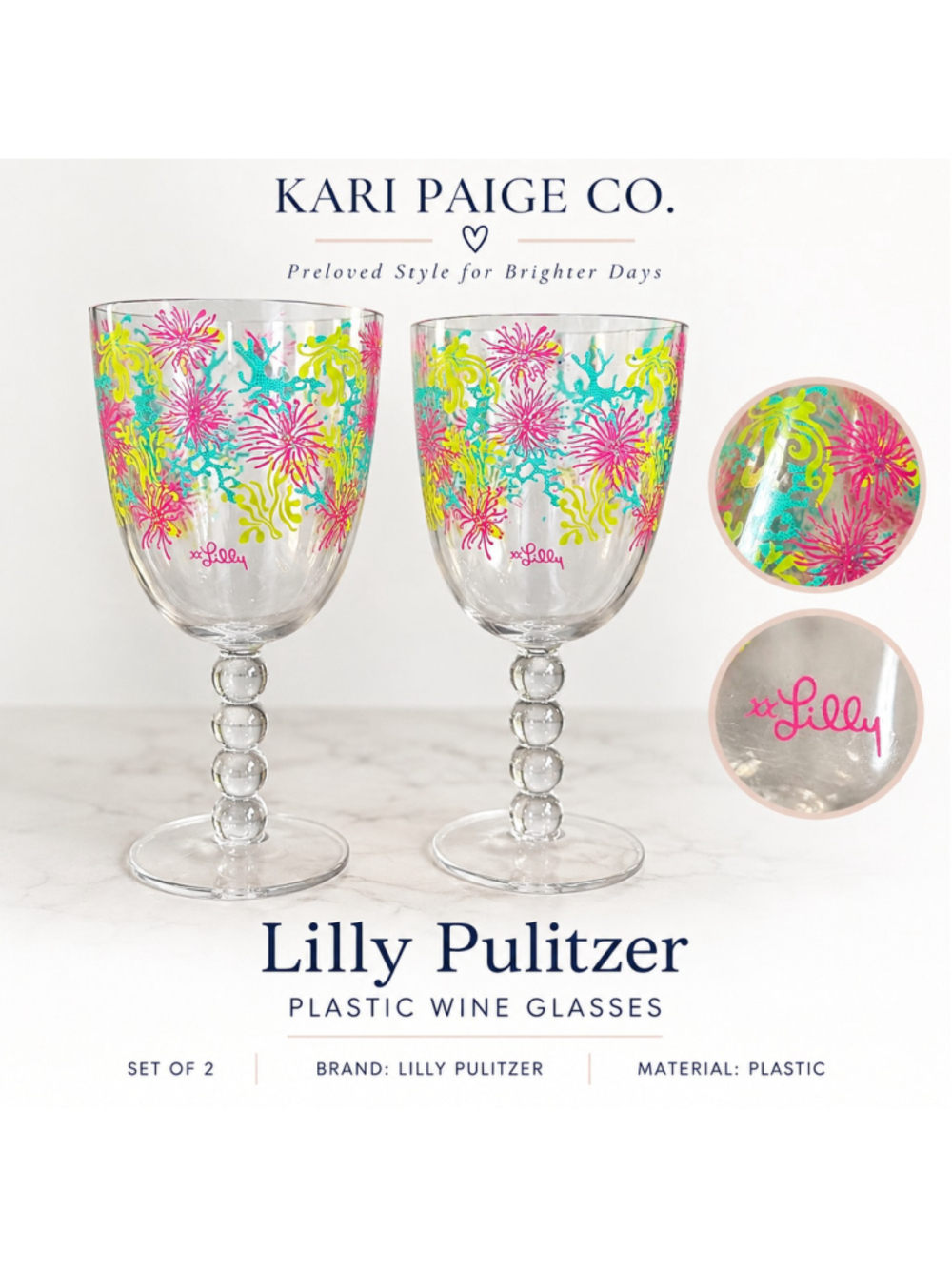 Lilly Pulitzer Plastic Wine Glasses Set of 2 Clear Pink Floral